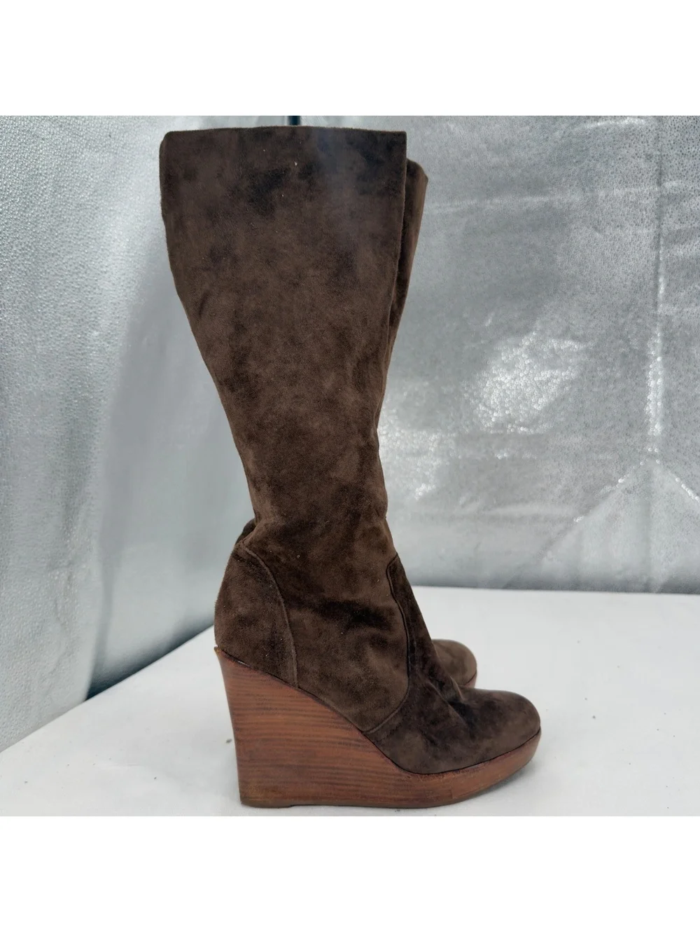 Vintage  Manntra Leather Brown Suede Wedge Knee High Boots Round Toe Size 9M